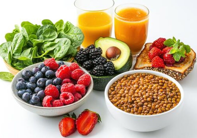 Fresh vegetables, fruit and wholegrains arranged as a colourful balanced meal