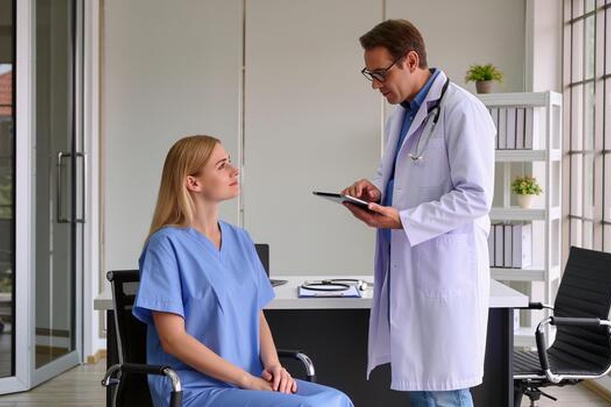 A clinician talking through a care plan with a patient in a consultation room